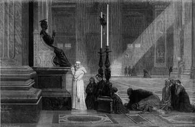 Papa Pio IX (1792-1878) prega vicino alla statua di San Pietro nella Basilica di San Pietro a Roma. Incisione da 