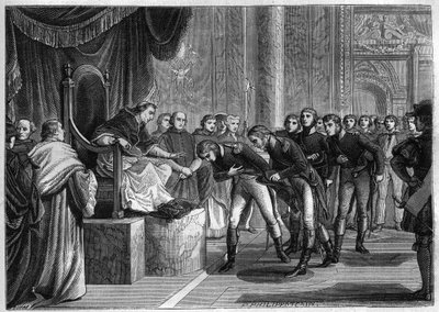 Papa Pio VII (1742-1823) riceve a Roma i marinai francesi membri degli equipaggi dei due brigantini "San Pietro" e "San Paolo" offerti in dono al Papa da Bonaparte, agosto 1802 - Incisione del 1865 in "Histoire du Consulat et de l