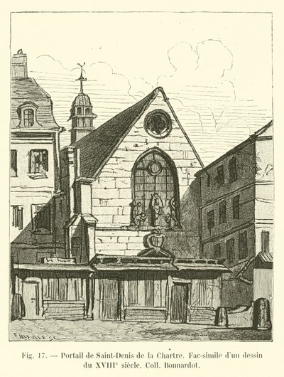 Portale di Saint-Denis de la Chartre, fac-simile di un disegno del XVIII secolo, collezione Bonnardot da French School
