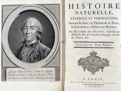 Ritratto e pagina del titolo di “Storia naturale, generale e particolare” di Buffon da French School