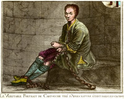 Ritratto a figura intera di Louis Dominique Cartouche (1693-1721), brigante francese nella sua prigione. Incisione del XVIII secolo Collezione privata da French School