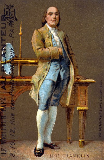 Ritratto a figura intera di Benjamin Franklin, politico e fisico americano (1706-1790) - cromo., inizio XX secolo da French School