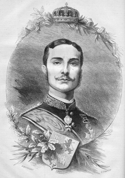 Ritratto di Alfonso XII (1857-1885), Re di Spagna. Incisione in "Le Monde Illustré" n.1085 del 19 gennaio 1878 da French School