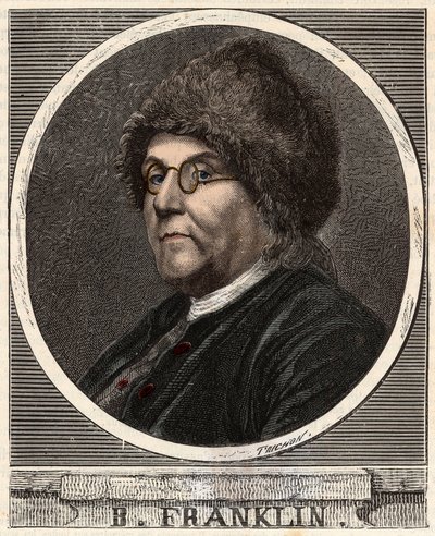 Ritratto di Benjamin Franklin (1706-1790) stampatore, editore, scienziato, inventore, statista e diplomatico americano - Incisione in 