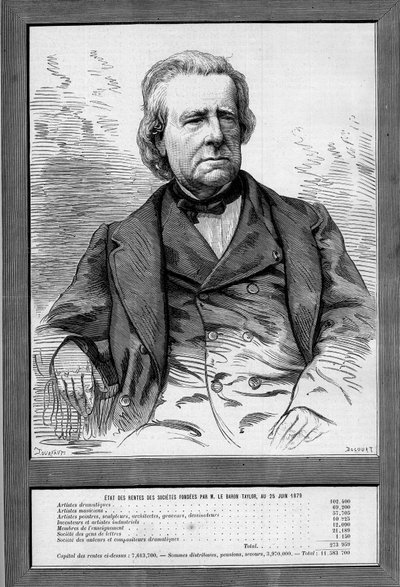 Ritratto del Barone Taylor (Isidore Justin Séverin Taylor, detto) (1789-1879), drammaturgo e filantropo francese. Incisione in "Le Monde Illustré" n.1172 del 13 settembre 1879 da French School