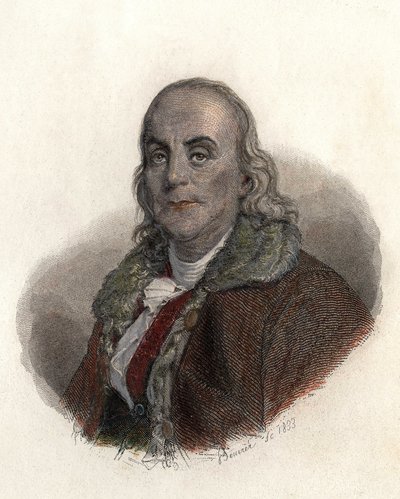 Ritratto di Benjamin Franklin (1706-1790), fisico, filosofo e politico americano. in "Portraits des Hommes Utiles" da French School
