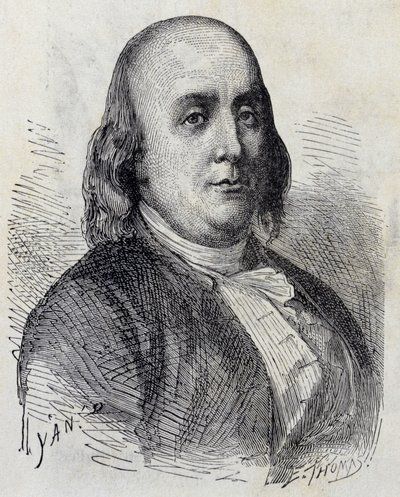 Ritratto di Benjamin Franklin (1706 - 1790), politico, memorialista, pamphlettista e fisico americano - in "Album della Scienza; studiosi illustri; Grandi scoperte" 1896 da French School