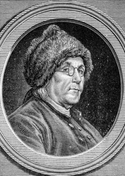 Ritratto di Benjamin Franklin (1706 - 1790), politico, memorialista, pamphletista e fisico americano - in "Album della Scienza; illustri studiosi; Grandi Scoperte" 1896. da French School