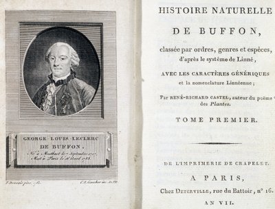 Ritratto di Buffon e la pagina del titolo di Storia Naturale di Buffon classificata per ordini, generi e specie, secondo il sistema di Linneo da French School