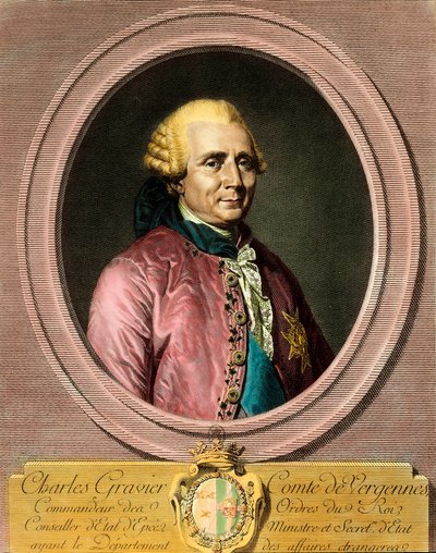 Ritratto di Charles Gravier, Conte di Vergennes (1719 - 1787). Incisione del XVIII secolo. Collezione privata. da French School