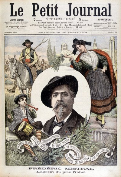 Ritratto di Frédéric Mistral, circondato da personaggi provenzali (guardiano, pifferaio e Mireille) - in "Le Petit Journal" del 28/12/1904 da French School