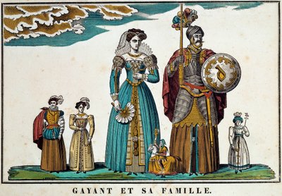 Ritratto di Gayant, un gigante che simboleggia la città di Douai, raffigurato con la sua famiglia: sua moglie, Marie Cagenon, e i suoi tre figli, Jacquot, Fillon e Binbin. Incisione del XVIII secolo, immaginario di Belfort. Collezione Ferrand da French School