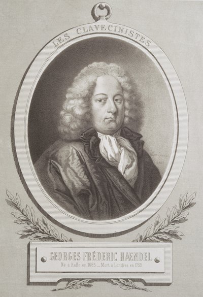 Ritratto di George Frederick Handel, frontespizio di una partitura musicale da French School