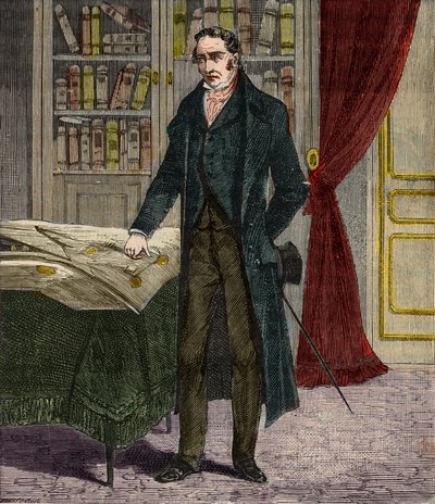Ritratto di George Stephenson (1781-1848), ingegnere britannico e pioniere delle locomotive ferroviarie - Incisione in "Scienze alla portata di tutti - Fisica e chimica popolari" di Alexis Clerc - Fine XIX secolo - Collezione privata da French School