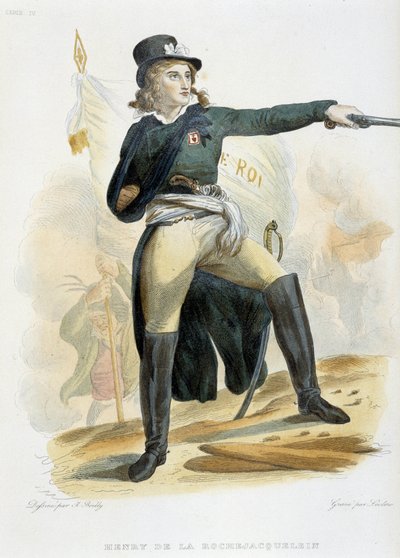Ritratto di Henri du Vergier, Conte di La Rochejaquelein (1772-1794) con la bandiera "vive le roi" (sul petto l