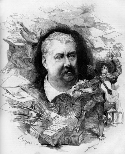 Ritratto di Hippolyte de Villemessant (1810-1879), giornalista francese, fondatore del "Figaro". Incisione in "Le Monde Illustré" n.1151 del 19 aprile 1879 da French School