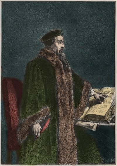 Ritratto di Jean Calvin, riformatore religioso e scrittore francese - incisione da "La storia della Francia raccontata ai miei nipoti" di Francois Guizot - 1872-1876 da French School