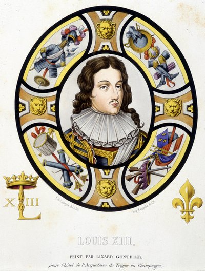 Ritratto di Luigi XIII Re di Francia (1601-1643). Fac simile di una vetrata del Medioevo in "Histoire de la peinture sur verre" di Ferdinand de Lasteyrie da French School