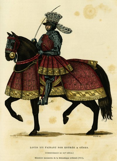 Ritratto di Luigi XII Re di Francia (1462-1515), che fa il suo ingresso a Genova il 26 agosto 1502. Incisione a colori da un manoscritto miniato della biblioteca nazionale (1515), in 