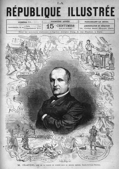 Ritratto di Monsieur Claude (Antoine Francois Claude detto) (1807-1880), poliziotto e scrittore francese, capo della polizia di sicurezza sotto il Secondo Impero. Un giornale. Incisione del 1880 in "La republique illustree" collezione privata da French School