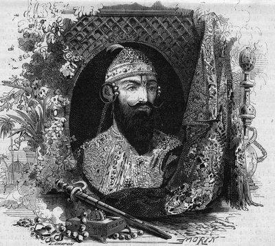 Ritratto di Nana Saheb (Nana Sahib) (vero nome Dhundu Pant) (ca. 1820-?), capo della rivolta anticoloniale dei Cipayas in India. Incisione in 