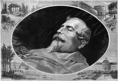Ritratto di Napoleone III (1808-1873), sul letto di morte. Incisione in 