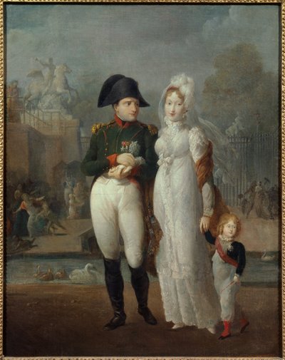 Ritratto di Napoleone I (1769-1821) e Maria Luisa con il loro figlio, Re di Roma Napoleone II, Duca di Reichstadt nei Giardini delle Tuileries da French School