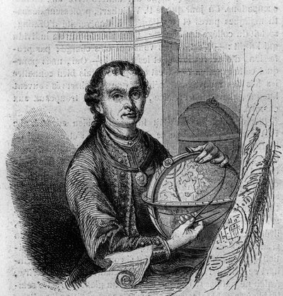 Ritratto di Pierre (Peter) Anich (1723-1766), astronomo e cartografo tirolese, con un globo e un compasso. Incisione in 