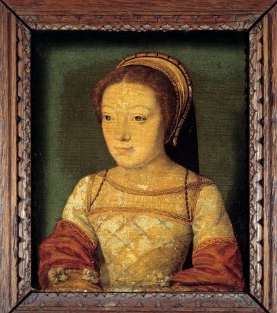 Ritratto di Renata di Francia, figlia di Luigi XII, Duchessa di Ferrara (1510 - 1575). Olio su legno, 0.16 x 0.13 m. pittura anonima. Scuola francese del XVI secolo da French School