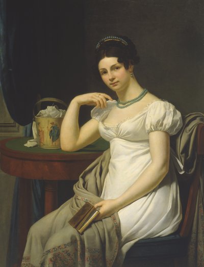 Ritratto di una donna in un interno con un cestino da lavoro da French School