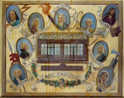 Ritratto di figure storiche e vista del caffè parigino Le Procope: Benjamin Franklin, Jean Jacques Rousseau, Voltaire, Jean D