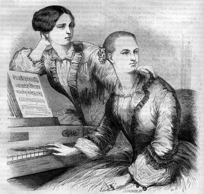 Ritratto delle sorelle Cruvelli, ballerine tedesche. Sophie Cruvelli (Johanna Sofia Charlotte Cruwell, detta) (1826-1907) e Marie Cruvelli (Friederike Marie Cruwell, detta) (1824-1868). Incisione del 1852. da French School