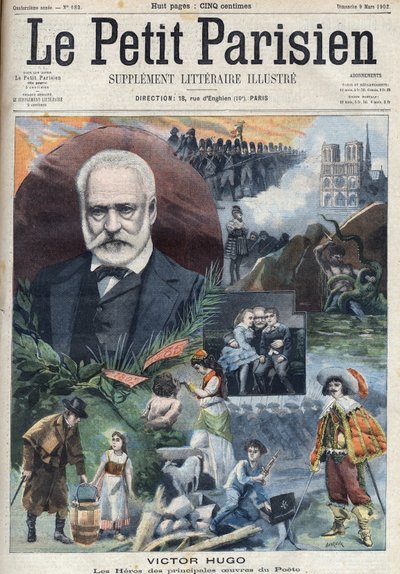 Ritratto dello scrittore francese Victor Hugo (1802-1885) con illustrazioni delle sue opere principali. Incisione in "Le Petit Parisien" da French School