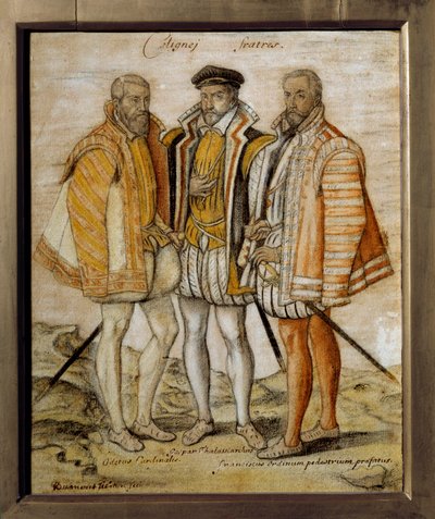 Ritratto dei tre fratelli Coligny (Odet (1517-1571), Gaspard (1519-1572) e François). Disegno anonimo. Chantilly, museo Condé da French School