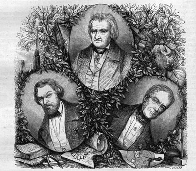 Ritratti di Jean Baptiste Antoine Lassus (1807-1857), architetto francese (sinistra); Charles Lacretelle Jeune (1766-1855), storico e avvocato francese (centro); e Barone Auguste Gaspard Louis Desnoyers (1779-1857), incisore francese. Incisione del 1858. da French School