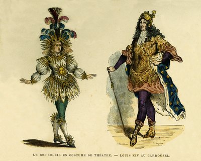 Ritratti del Re Luigi XIV (1638-1715), in costume teatrale e da carosello. Incisione a colori, in 