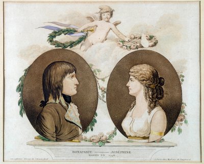 Ritratti di Napoleone Bonaparte (1769-1821) e Giuseppina di Beauharnais (1763-1814) sposati nel 1796. Acquerello anonimo intorno al 1800. Malmaison, museo del castello da French School