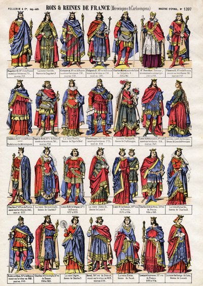 Ritratti dei re e delle regine di Francia della dinastia dei Merovingi e dei Carolingi. Immagine di Epinal della fine del XIX secolo. Collezione privata. da French School