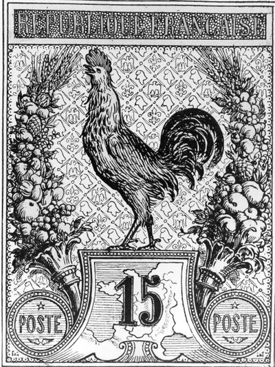 Francobollo raffigurante il Gallo Francese, emblema della Repubblica Francese, fine XIX secolo da French School