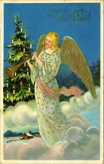 Cartolina di auguri di Natale: angelo con tromba sulle nuvole. Inizio del XX secolo. da French School