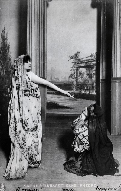 Cartolina raffigurante Sarah Bernhardt (1844-1923) in Phedre di Jean Racine (1639-99) fine XIX secolo da French School