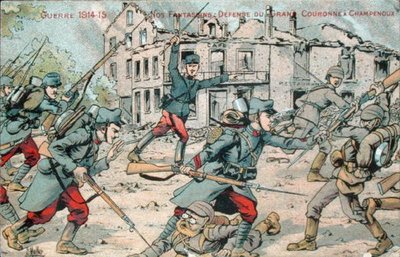 Cartolina che raffigura la fanteria francese che difende Champenoux da French School