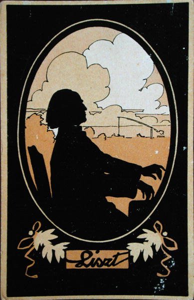 Cartolina di Franz Liszt (1811-86) con il paesaggio ungherese sullo sfondo, c.1910 da French School