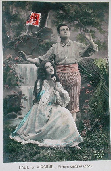Cartolina di Paolo e Virginia: La preghiera nella foresta da French School
