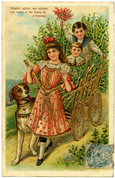 Cartolina, per favore accetta, i desideri dei bambini e i fiori di primavera da French School