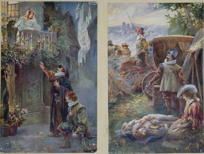 Cartoline raffiguranti Cyrano de Bergerac con Roxanne e la morte di Christian, c.1900 da French School