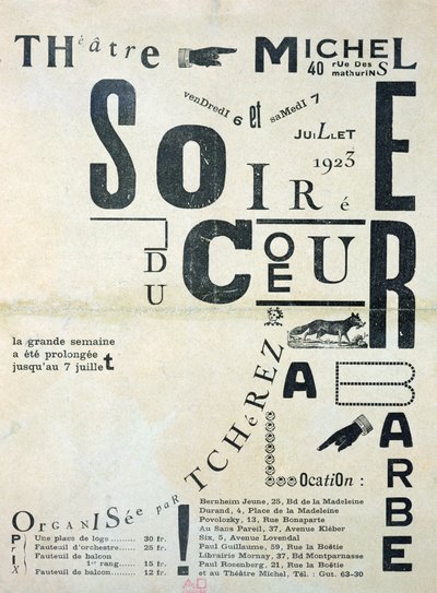 Poster pubblicitario Soiree du Coeur a Barbe al Theatre Michel, 6 e 7 luglio 1923 da French School