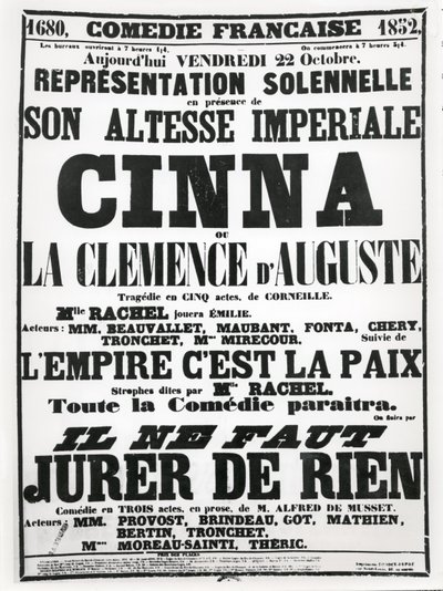 Poster pubblicitario di una performance alla Comédie-Française il 22 ottobre 1852, della tragedia di Corneille, Cinna, seguita da una recita della poesia L