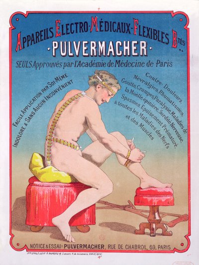 Poster pubblicitario di una macchina per massaggi e stimolazione elettromedicale Pulvermacher, 1884 da French School