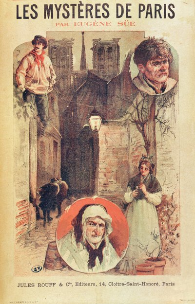 Poster pubblicitario di Les Mysteres de Paris di Eugene Sue (1804-57) pubblicato a puntate da Editions Jules Rouff, fine XIX secolo da French School